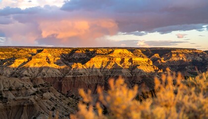 Golden hour illuminates a rocky desert canyon under a vibrant, cloudy sky