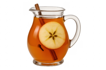 Mulled cider drink in glass pitcher with apple and spices