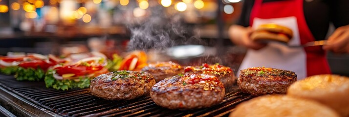 Chef grilling wagyu burgers for street food stall