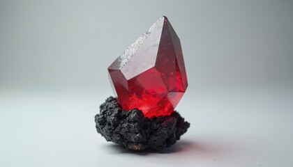 Macro shot of striking red selenium crystal, trigonal shape with smooth facets, sharp edges, metallic luster. Natural mineral specimen on dark, rough matrix. Earth science, geology, education, rare