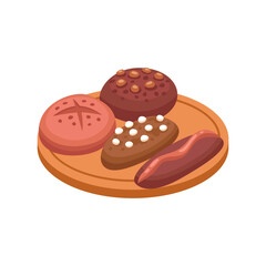 A delicious assortment of sweet baked buns and pastries on a wooden board, a bakery concept