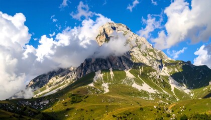 Mountain peak rising above a valley of green