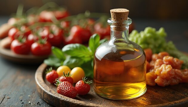 Culinary oils bottle with tomatoes, strawberries, basil, grapes. Organic ingredients for cooking, dressing, marinade. Natural flavors, vibrant colors add zest. Freshness, versatile blend for salads, - Powered by Adobe