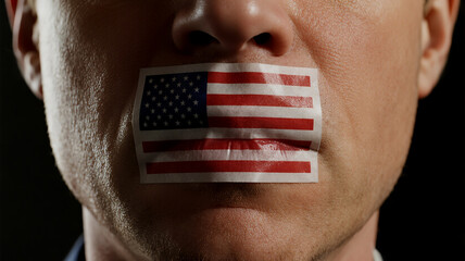 Man's mouth close-up covered by American flag symbolizing censorship