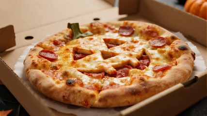 Funny Halloween themed pizza with jack o lantern face made of cheese and toppings