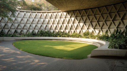 Brutalist architectural wall featuring geometric triangular patterns, concrete curves, and a vibrant green lawn within a tranquil, modern outdoor garden space