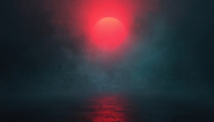 Naklejka premium Mysterious atmospheric gradient background featuring central red glow fading into dark teal, black tones. Smooth, seamless texture with subtle light effects, creating moody, dramatic, modern abstract