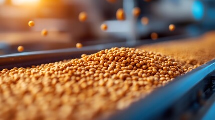 Food production line conveying small crunchy snacks