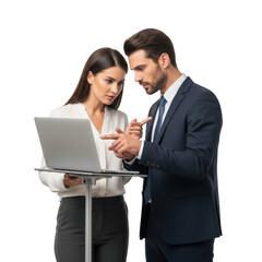 Focused business professionals collaborating on a laptop presentation sharing ideas and strategies isolated on transparent background