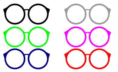 Collection of round glasses in various colors: black, gray, green, pink, blue, and red.