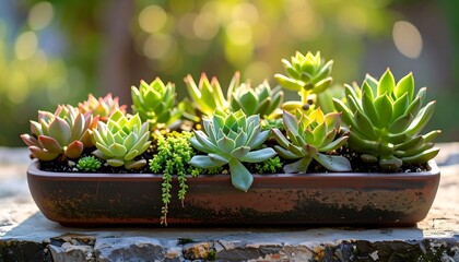 Succulents in a planter bathed in sunlight