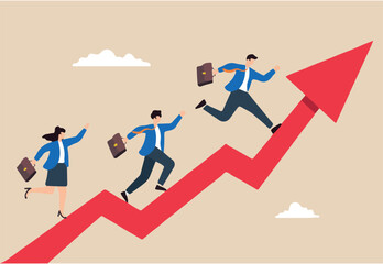 Flat illustration business people run up rising arrow symbolizing business and career growth
