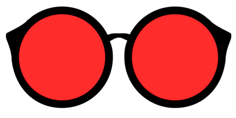 Illustration of round sunglasses with red lenses and black frames.
