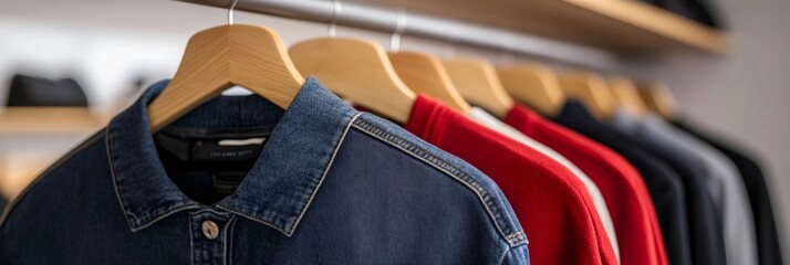 Denim jacket and colorful clothes hanging in closet