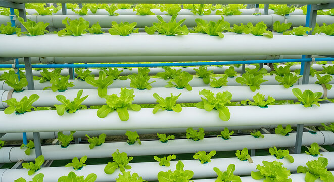 Lush green hydroponic lettuce growing in a modern vertical farm, showcasing sustainable agriculture and innovative food production technology