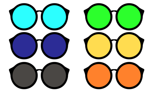 A collection of six pairs of round sunglasses with black frames and different colored lenses on a white background.