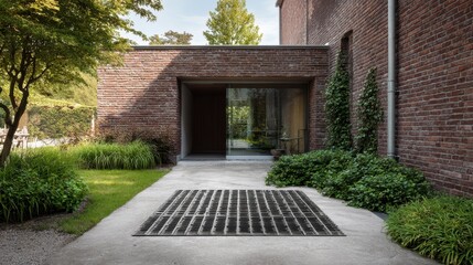 Modern brick building entrance with minimalist design, featuring a concrete walkway, lush green garden landscaping, and a large metal grating system
