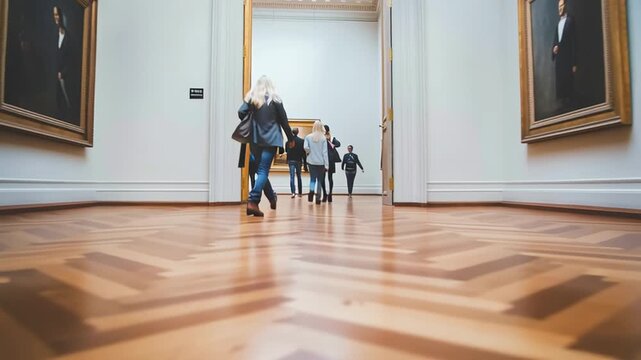 Group of people walking through an art gallery with wooden floor  