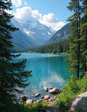 Serene mountain lake with turquoise blue water, surrounded by green coniferous forest. Snow-capped peaks rise in distance under bright blue sky with fluffy white clouds. Lakeside view with rocks,