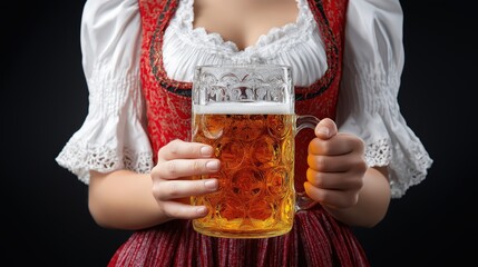 Traditional Bavarian woman in dirndl holding beer stein with lager, Oktoberfest celebration, isolated on black background․