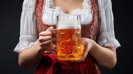 Traditional Bavarian woman in dirndl holding beer stein with lager, Oktoberfest celebration, isolated on black background․