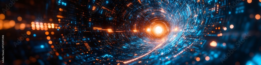 Poster abstract digital tunnel with glowing data particles moving