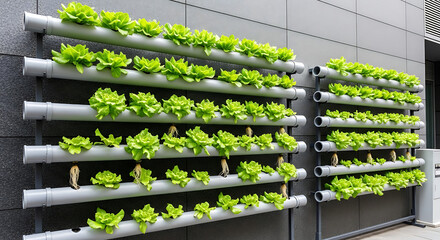 Vertical hydroponic garden system growing fresh lettuce on an exterior wall