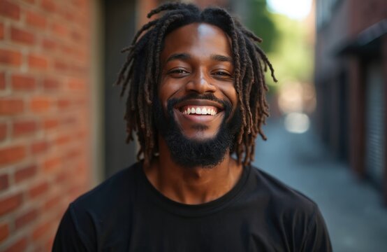 Young man with dreadlocks smiles warmly in urban setting. Black t-shirt casual attire. Confident, cheerful expression. Brick wall background provides urban character. Male youth lifestyle captured.