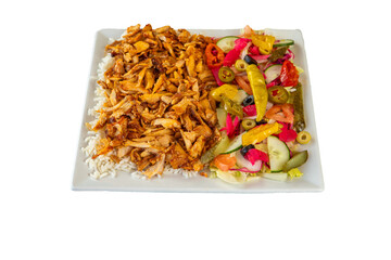 Delicious shawarma plate with rice and fresh salad ready to be served quickly on transparent background