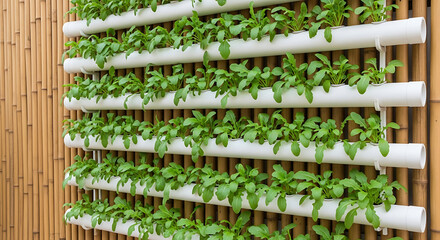 Fresh arugula growing in a soilless vertical farming setup using a hydroponic pipe system for urban agriculture