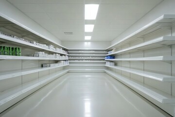 Obraz premium Pharmacy aisle with empty shelves showing medicine scarcity
