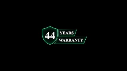 44 Years Warranty Shield Emblem forty four guarantee . Glowing neon animation and black background.