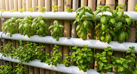 Hydroponic Garden Cultivating Fresh Herbs in a Vertical, Sustainable System Outdoors