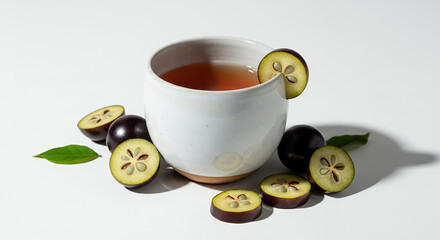 Handcrafted Ceramic Cup with Jabuticaba Peel Tea and Sliced Fruits on White Minimalist Background