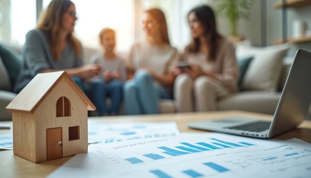 Family discusses housing costs in modern living room, reviewing budgeting strategies for affordable homeownership. Financial planning for future home buyers, mortgage advice, real estate investment