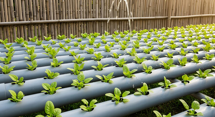 Rows of vibrant green lettuce seedlings thriving in a soilless hydroponic pipeline system with active irrigation
