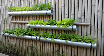Creative Vertical Garden Design Lettuce Plants Growing in Recycled PVC Pipes Against a Bamboo Fence