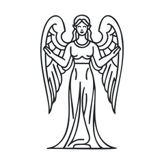 Elegant angel figure with wings for spiritual and artistic designs. Vector black icon