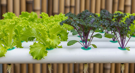 Hydroponic cultivation of leafy greens fresh lettuce and kale growing in a water-based system with a bamboo backdrop
