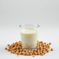 Glass of Soy Milk Surrounded by Soybeans on White Background
