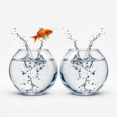 Goldfish Jumping Between Two Fish Bowls with Water Splashes