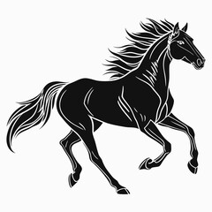 horse silhouette vector. Elegant black horse silhouette in a dynamic running pose, perfect for logo design, equestrian themes, or animal illustrations. Horse vector 