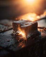 Melting ice cube glowing in warm light