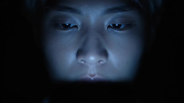 Hypnotic Blue Screen Glow Reflects on Focused Face, Revealing Digital Immersion and Late-Night Connection in Darkness.