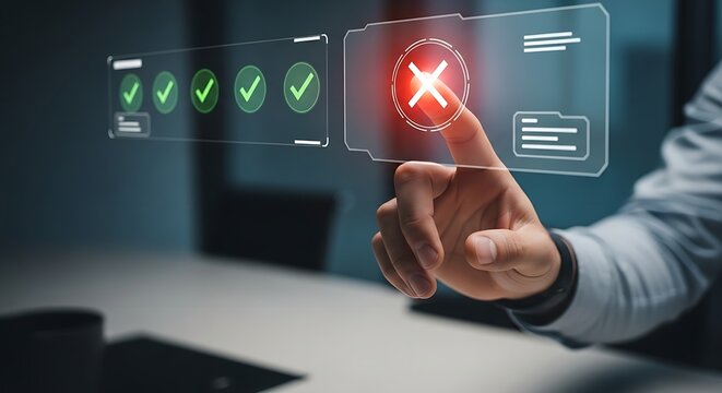 Hand interacting with digital interface showing green checkmarks and red x on a futuristic screen