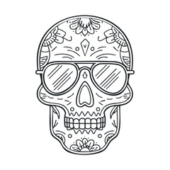 Skull design with sunglasses and floral patterns. Vector black icon