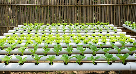 Hydroponic cultivation of fresh green leafy vegetables in white PVC pipes under bamboo fencing