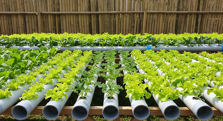 Rows of fresh, healthy green lettuce growing in a hydroponic farm system, showcasing sustainable agriculture
