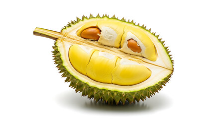 Freshly Cut Durian Fruit with Seeds Exposed, Isolated on White Background, Exotic Tropical Delicacy