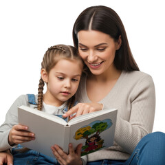 A caring mother and her young daughter sharing a storybook together enjoying a moment of connection and learning isolated on transparent background